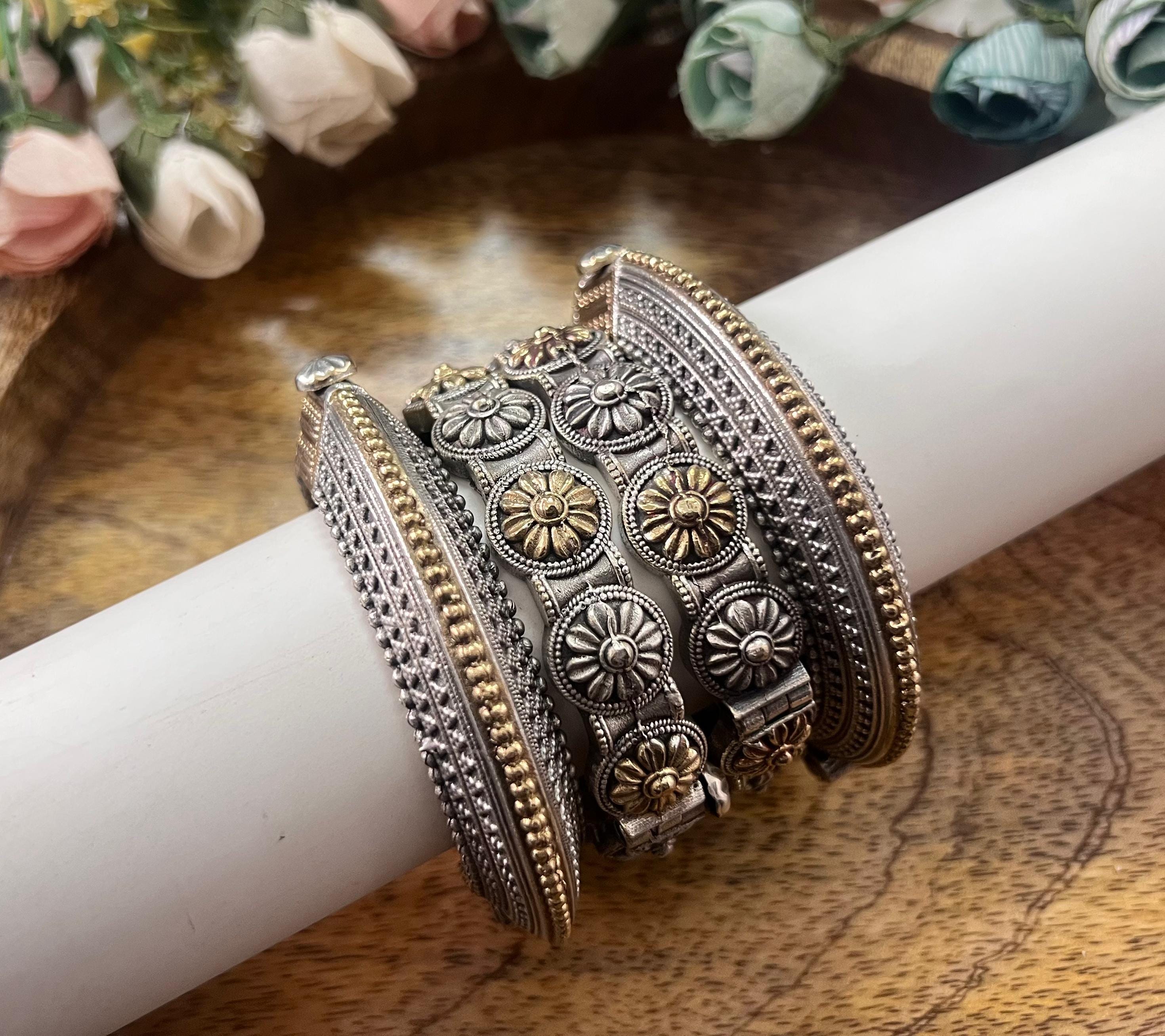 Oxidized Silver Gold Kada Bangles: Handmade Indian Tribal Jewelry