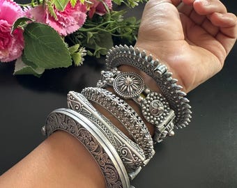 Oxidized Silver Bangle Set | Handcrafted Floral Indian Cuff Bracelets, Antique Kadas
