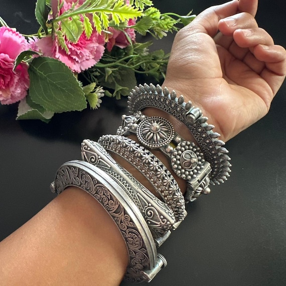 Oxidized Silver Bangle Set | Handcrafted Floral Indian Cuff