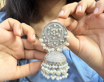 Handgefertigte oxidierte Silberperle Jhumka Ohrringe • Boho indischer Schmuck
