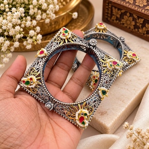 Oxidized Silver Kada Bangle, Meenakari Square Cuff, Indian Ethnic, Antique Gold Tone, Statement Bracelet