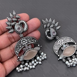 Silver Peacock Stone Earrings: Indian Bollywood Style Jewelry