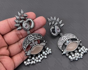 Silver Peacock Stone Earrings: Indian Bollywood Style Jewelry