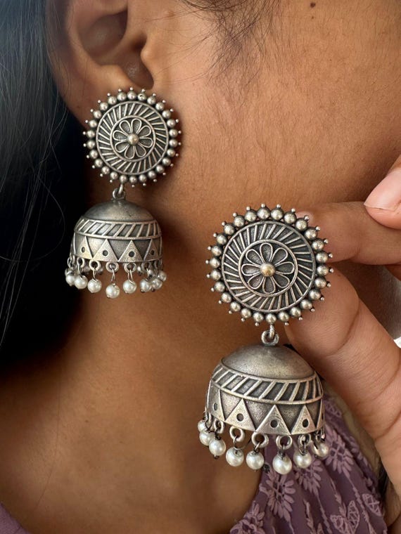 Vintage collections Antique Replica Polish Handmade Lightweight Jhumkas/Earrings With Floral Design Studs