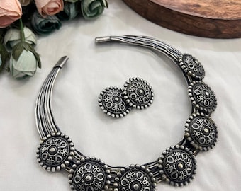 Oxidized Silver Choker Necklace & Studs Set | Tribal Boho Jewelry