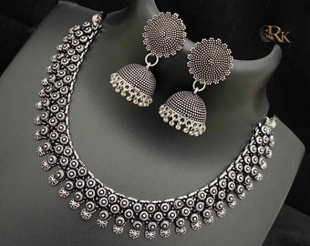 Oxidized Silver Plated Jewelry Set: Bollywood Choker & Jhumka Earrings