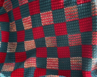 The Sabrina Blanket- Checkered Crochet Blanket- Red, Teal and Color Blend