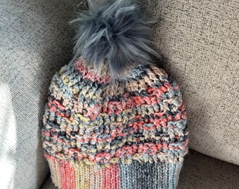 Pumpkin Beanie Hat- Multicolor (pink, gray and yellow) with Gray Pompom