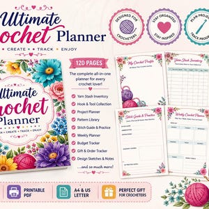 Può includere: L'Ultimate Crochet Planner, un quaderno con copertina floreale, presenta 120 pagine per pianificare, creare e tenere traccia dei progetti all'uncinetto. Include sezioni per l'inventario del filato, la pianificazione del progetto e le guide ai punti. Design con gomitoli colorati.