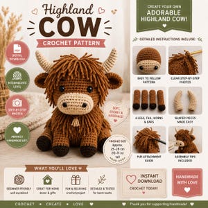 Virkmönster för höglandsko i PDF-format | Amigurumi-leksak med bondgårdsdjur (digital nedladdning)