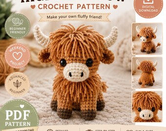 Highland Cow Crochet Pattern | Fluffy Amigurumi Farm Animal Toy (PDF Download)
