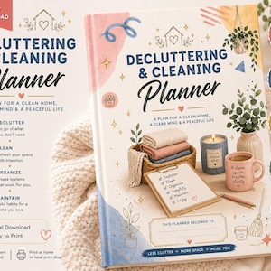 May include: A Decluttering & Cleaning Planner with the text "A PLAN FOR A CLEAN HOME, A CLEAR MIND & A PEACEFUL LIFE." The planner includes illustrations of a basket with towels, a candle, a mug, and a clipboard. The planner is designed to simplify your life.
