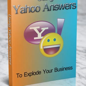 May include: A book titled "Using Yahoo Answers To Explode Your Business" with a gradient orange and blue cover. The cover features the Yahoo logo, a smiling yellow face, and the text in silver. The spine also displays the title.