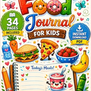 以下が含まれることがあります： 虹、笑顔の食べ物キャラクター、そして「Food Journal for Kids」のテキストが特徴の、子供向けのカラフルなイラスト入りフードジャーナル。 「Today's Meals!」と「Make Healthy Eating Fun!」というフレーズが書かれたメモ帳が含まれています。