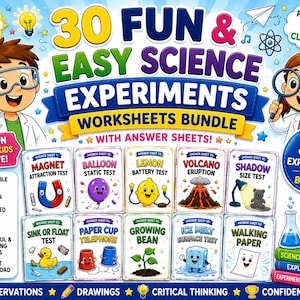 Può includere: Un colorato pacchetto di esperimenti scientifici per bambini, con 30 esperimenti divertenti e facili. L'immagine include illustrazioni di vari concetti scientifici, come un vulcano, un test statico del palloncino e un test di attrazione magnetica.