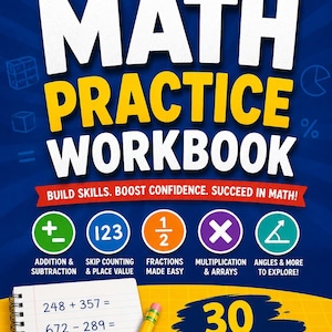 以下が含まれることがあります： 青と黄色の表紙の数学練習帳。タイトル「THE ULTIMATE MATH PRACTICE WORKBOOK」が大きな白と黄色の文字で表示されています。足し算、引き算、分数、掛け算の練習問題が含まれています。鉛筆とノートが見えます。