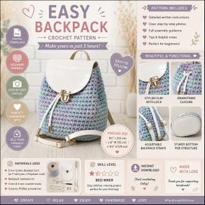 May include: A crochet pattern for an Easy Backpack. The image shows a finished backpack with a white flap and a drawstring closure. The backpack is blue, purple, and white. The pattern includes detailed instructions and is beginner-friendly. Finished size: 24 cm L x 15 cm W x 29 cm H.
