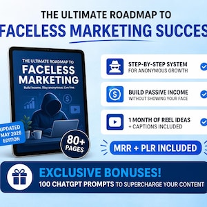 Op de afbeelding: Een digitale marketinggids getiteld "The Ultimate Roadmap to Faceless Marketing Success" wordt weergegeven op een tablet. De afbeelding bevat tekst over anoniem inkomen opbouwen, met bonussen en prompts. De bijgewerkte editie is van mei 2026.