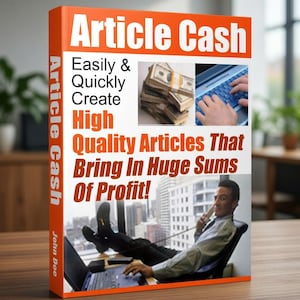Puede incluir: Una portada de libro naranja con el título "Article Cash" en blanco. La portada incluye imágenes de dinero, una persona escribiendo en una computadora portátil y un hombre relajándose mientras habla por teléfono. El texto promueve la creación de artículos de alta calidad para obtener ganancias.