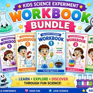 May include: A colorful kids' science experiment workbook bundle with the text "Kids Science Experiment Workbook Bundle". The workbooks feature illustrations of children conducting experiments. Includes 30 fun science experiments for ages 6-10.