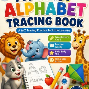 May include: A colorful children's alphabet tracing book with the title "MY FIRST ALPHABET TRACING BOOK". The cover features cartoon animals, including a lion, elephant, cat, and giraffe. The book includes tracing practice for letters A to Z, practice words, and building early skills.