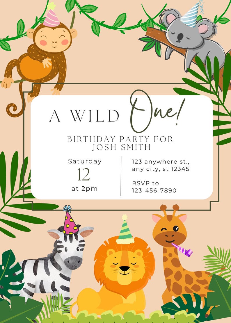 Wild One Birthday Invitation Safari Wild One Party Invite Customizable