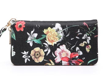 Cartera de mano con diseño floral, de lona, con una sola cremallera, informal, para mujer