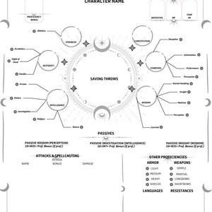 Puede incluir: Una hoja de personaje en blanco y negro para un juego de rol de mesa. La hoja incluye secciones para el nombre del personaje, la clase y el nivel, el bono de competencia, las tiradas de salvación, las habilidades pasivas, los ataques y los conjuros, otras competencias, los idiomas y las resistencias.