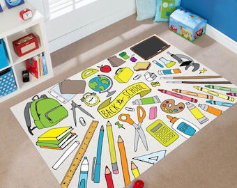 May include: A colorful rug with a back to school theme. The rug features a variety of school supplies, including pencils, crayons, a backpack, a globe, a calculator, and a ruler. The rug is perfect for a child's bedroom or playroom.
