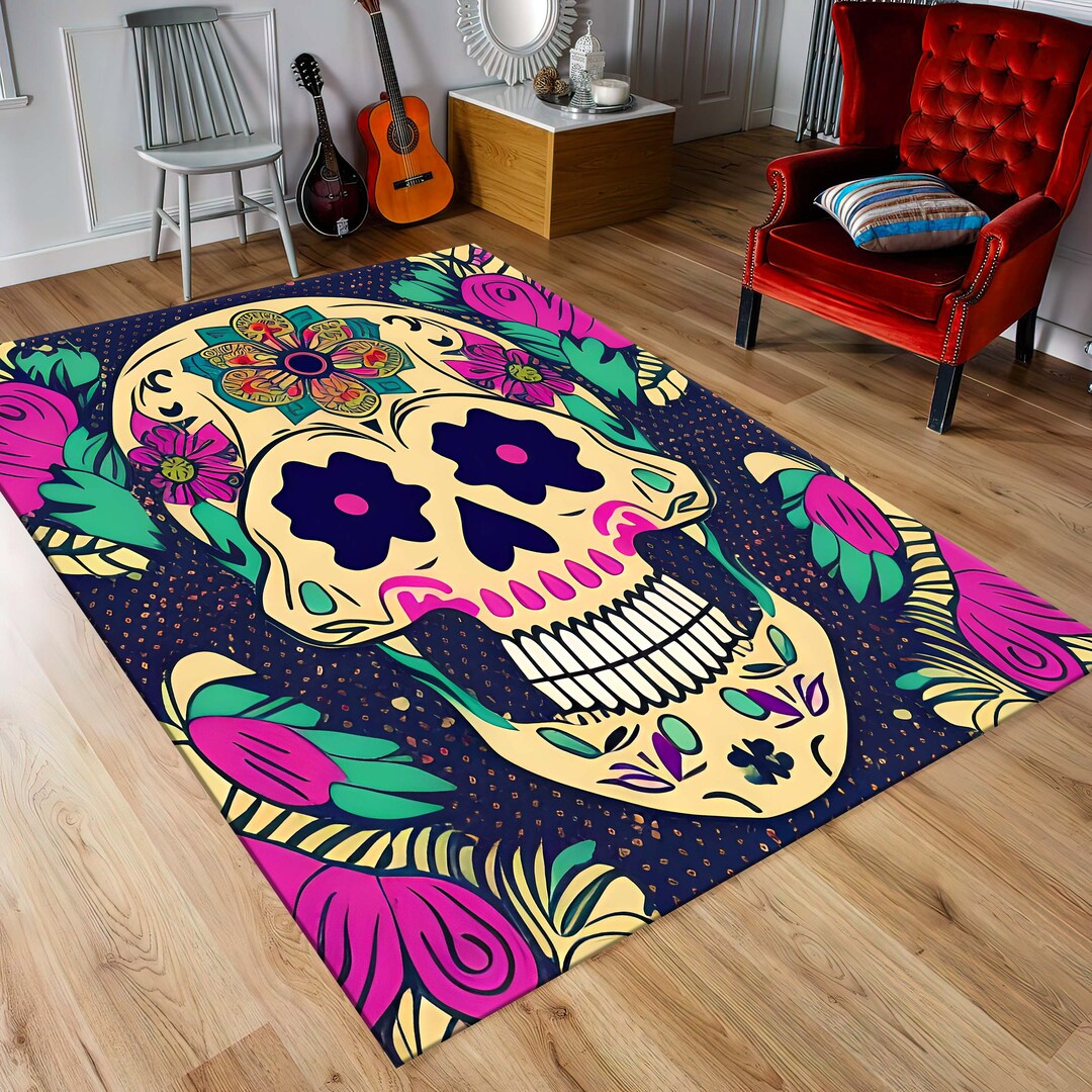 Hok Rug Skeleton Pattern Skull Rug, Gothic Rug, Skeleton Decor, Flower Rug, Floral Skull Rug ...
