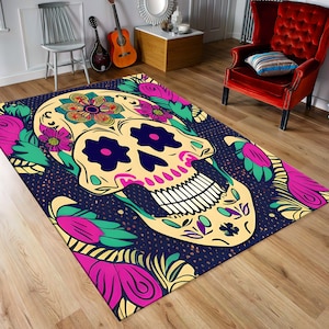 Skull Rug, Gothic Rug, Skeleton Decor, Flower Rug, Floral Skull Rug, Non-Slip Rug, Gothic Home Decor, Gift for Gothic Friend, Digital Rug