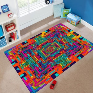 May include: A colorful geometric rug with a maze-like pattern in shades of orange, blue, green, pink, and yellow. The rug has a dark blue border and a central design that resembles a spiral.