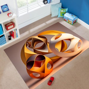 Può includere: Tappeto geometrico astratto con cerchi sovrapposti in tonalità di arancione, marrone e bianco. Il tappeto ha un design moderno e aggiungerebbe un tocco unico a qualsiasi stanza.