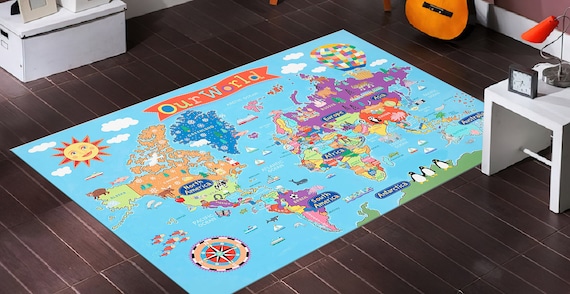 Fun Rug,World Map Rug,Educational Rug,Popular Rug,Animal Designed Rug,Themed Rug,Gift for Kids,Area Rug,Rug for Kids Bedroom,Non-Slip Rug