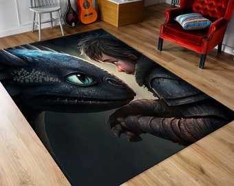 May include: A black and blue rug with a cartoon image of a boy and a dragon looking at each other. The boy is wearing a brown leather jacket and the dragon has blue eyes.
