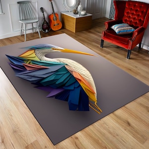 Heron Rug,Animal Themed Rug,Origami Rug,Rainbow Rug,Kitchen Rug,Gift Rug,Area Rug,Home Decor,Bird Rug,Living Room Rug,Custom Rug,Digital Rug