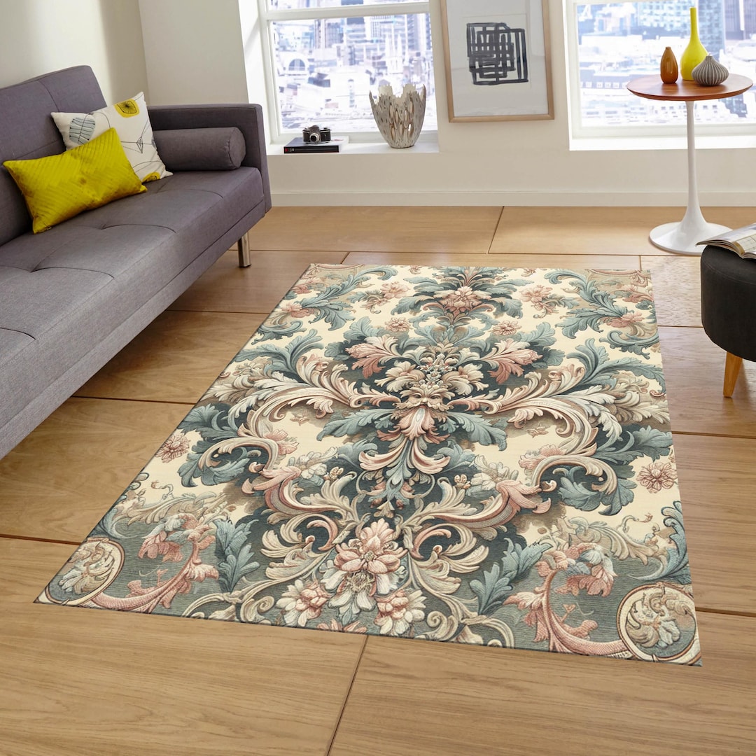 Rococo Rug Texture Rococo Rug, French Style Pastel Floral Rug, Gold Accents, Luxury ...