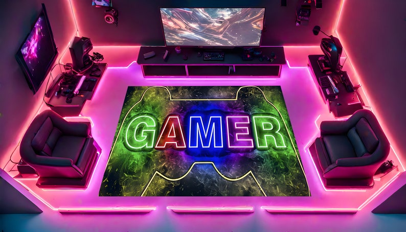 Gaming Room Rug, Neon Rug, Gamer Rug, Purple Rug, Shining Rug, Gift for ...