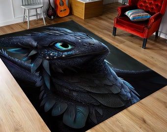 May include: A black and blue dragon rug with a close-up of the dragon's face. The dragon has a blue eye and a textured, scaly body.