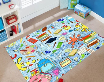 May include: A blue and white rug with a school theme. The rug features a variety of school supplies, including books, pencils, crayons, and a backpack. The rug is perfect for a child's bedroom or playroom.
