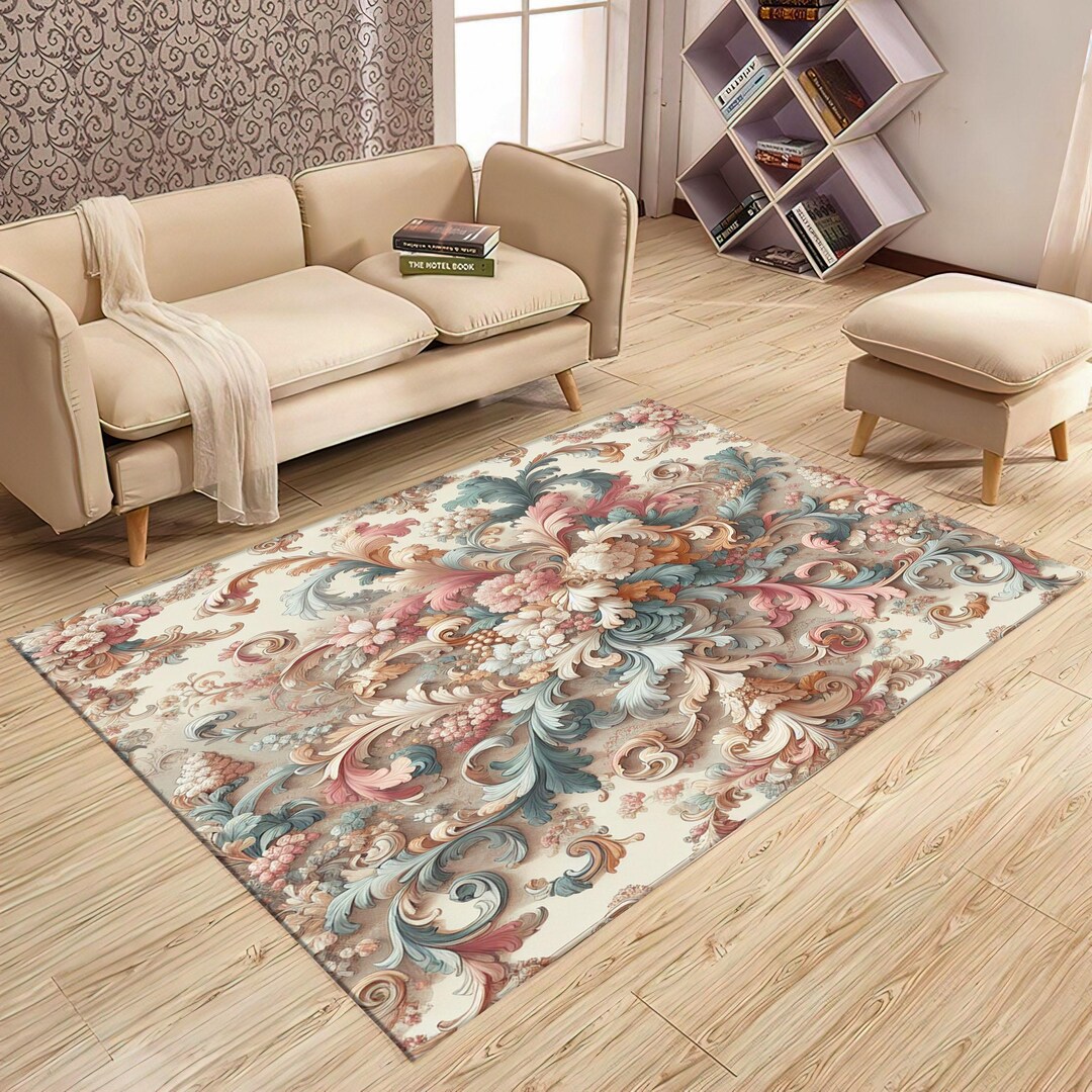 Rococo Rug, French Style Pastel Floral Rug, Gold Accents, Luxury ...