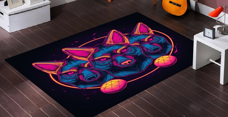 Noen Rug Coyote Rug, Neon Rug, Animal Themed Rug, Neon Art, Laser Rug, Gaming ...