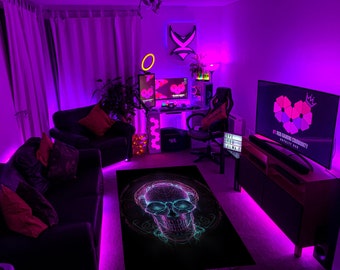 Alfombra de calavera, alfombra gótica, alfombra de arte moderno, alfombra para sala de juegos, arte de neón, alfombra antideslizante, alfombra holográfica, decoración gótica para el hogar, regalo para un amigo gótico, alfombra digital