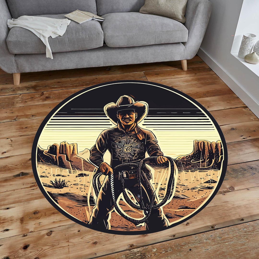 Cowboy Rug, Round Rug, Rodeo Rug, Bandit Rug, Wanted Bandit Rug, Wanted ...