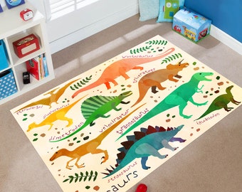 May include: A beige rug with colorful illustrations of different dinosaurs. The rug features the names of each dinosaur, including Pterodactyl, Stegosaurus, Triceratops, and Tyrannosaurus Rex. The rug has a brown border and is perfect for a child's room.
