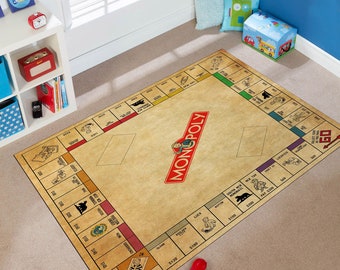 May include: A vintage-style Monopoly game board rug with a brown background and red, blue, green, and purple squares. The rug features the iconic Monopoly logo in red with the word "MONOPOLY" in white letters. The rug is perfect for a playroom or game room.
