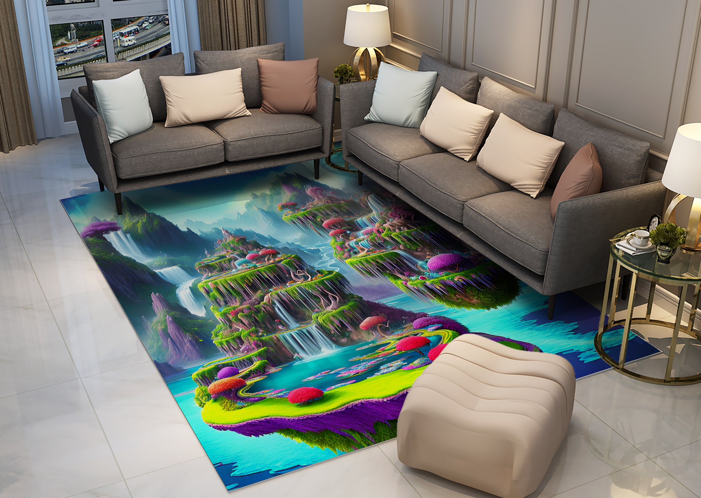 Rug of Waterfalls, Rug of Floating Islands, Colorful Rug,rug for Living ...