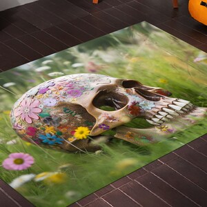 Skull Rug, Gothic Rug, Skeleton Decor, Flower Rug, Blooming Skull Rug, Non-Slip Rug, Gothic Home Decor, Gift for Gothic Friend, Digital Rug