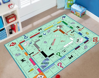 May include: A green and blue Monopoly game board rug with the classic Monopoly game board design. The rug features the iconic Monopoly game pieces, including the top hat, the iron, the car, and the dog. The rug also features the classic Monopoly game board spaces, including Go, Jail, Chance, and Community Chest.