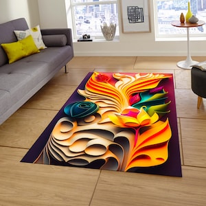 May include: Abstract rug with a colorful floral design. The rug features a large, yellow flower with pink and red accents, surrounded by green and blue leaves. The background is a dark purple.